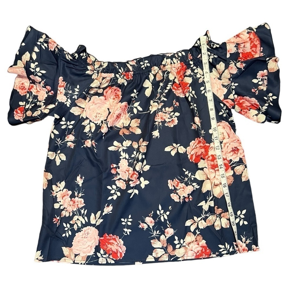 Navy Blue and Pink Ruffle Off Shoulder Flounce Sleeve Floral Blouse Large NWOT - Picture 6 of 7